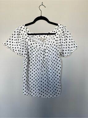 Polka Dot Short Sleeve Peasant Top - White/Black